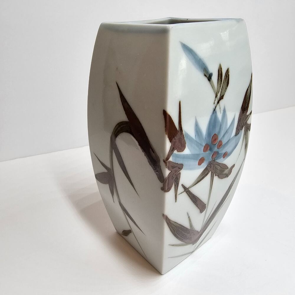 Japanese Ceramic 7" Vase Bamboo Flowers Hand Painted Square Shaped Vintage
